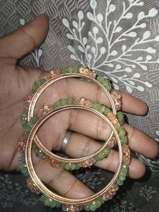 Green &amp; Gold Beaded Bangles
