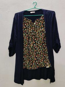 Floral Blouse & Attached Navy Cardigan