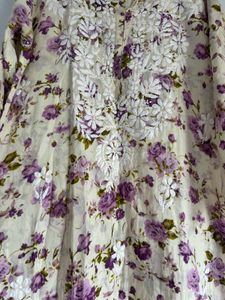 Floral Printed Lavender White Chikankari Lucknowi