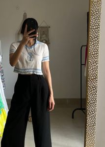 White &amp; Blue Knitted  Polo Crop Top