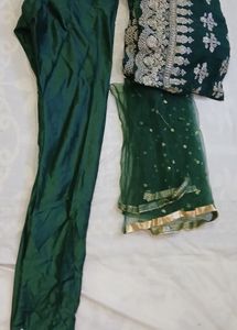 Green Long Frock Gown Type White Work