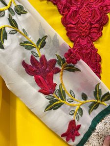 Bright Yellow Embroidered Frock with Trousers