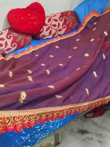Woman  Embroidery Brown And Golden Saree