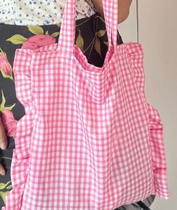 Sale🔥Pink Gingham Ruffle Tote Bag