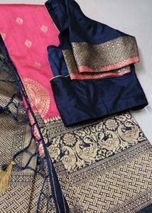 Premium Banarasi Pink &amp; Navy Saree