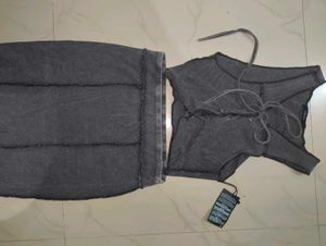 grey Textured Crop Top With Skirt