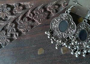 Black Mirror Oxidised Silver Earrings