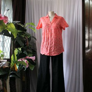 Coral Print Button-Up Top