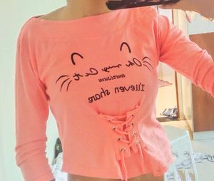 Peach Colour Cat Graphic Lace-up Top