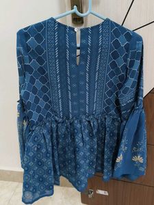 GLOBAL DESI Blue Peplum Bell Sleeves Top