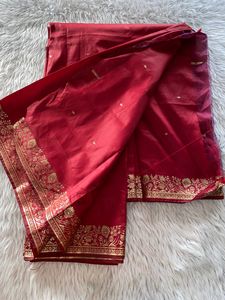Women Red Printed With Gold Zari Border Saree
