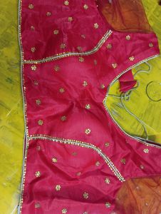 Readymade Saree Blouse In Tomato Red Color With Golden Work (Sequence Pasted) With Net sleeves ,good To Fit 40 To 42 Size Breast.