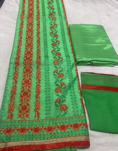 Green Colour Red Contrast Thread Work Full Fron