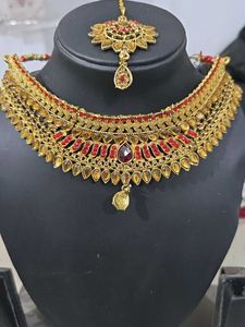 Gold-Tone Red Jewel Indian Bridal Jewelry Set