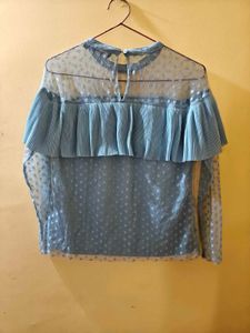 CODE by Lifestyle Blue Sheer Polka Dot Top