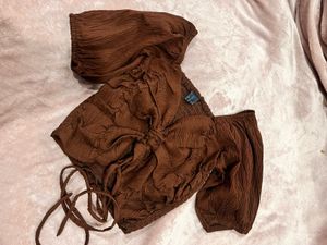 Brown Puff Sleeve Crop Top