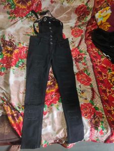 Distressed Black Denim Overalls