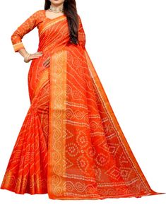 Floral Print Bandhani Cotton Blend Saree(Orange)