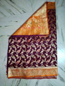 Wine &amp; Orange Banarasi Saree