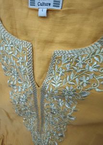 Mustard Yellow Cotton Embroidery Kurthi