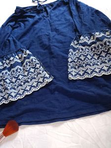 Navy Blue Embroidery Sleeves Top