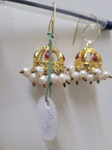 Golden Jhumka With White Beads