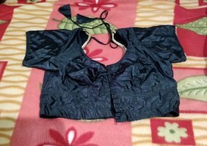 Shiny Black Blouse With Golden Moti Piping