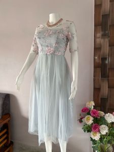 blue lace tulle midi gown