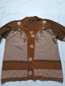 Embroidered Brown Cardigan