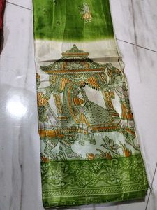 Vintage Style Green & White Printed Silk Saree