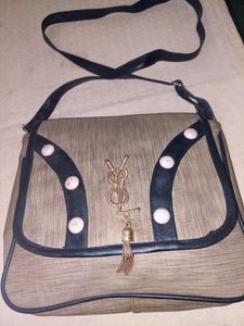 Fashionable Trendy Cream - black color PU lather sling bag