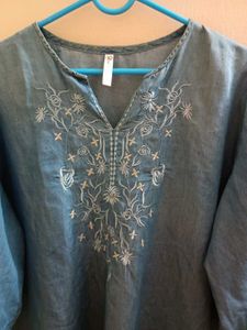 Embroidered Blue Denim Tunic Top