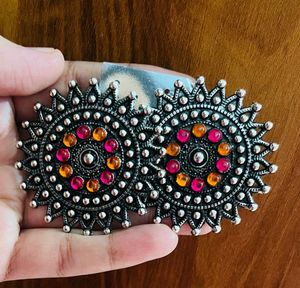 ComboSilver-Tone Stud Earrings with Colorful Accen