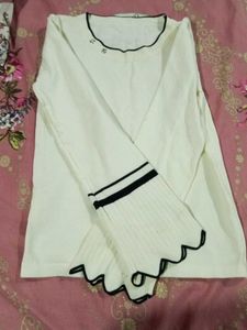 Cream Knit Top with Scalloped Sleeves
