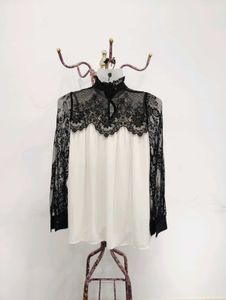 Lace Trim Mock Neck Blouse