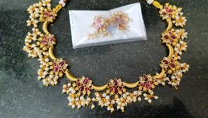 Gold-Toned Necklace with Red Stones and Pearls