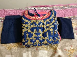 Navy Blue And Pinkish Red Anarkali Suit