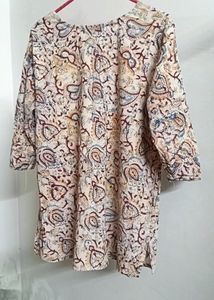 Beige Printed Cotton Kurti/Top