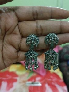 Oxidized Silver Jhumka Earrings Set
