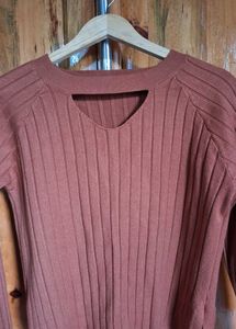 Ribbed Cutout Long Sleeve Top - Rust/Terracotta