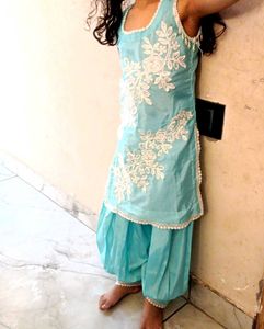 Girls' Light Blue Afghani Shalwar Kameez