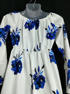 White And Blue Floral Printed Dress (Women)