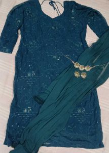 Peacock Green Kurti With Dupatta And Jewellery