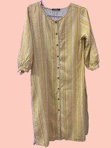 Yellow White Kurti Lines Straight Pattern