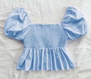 Striped Cotton Fancy Neck Short Sleve Peplum Top
