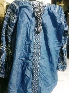 Blue Demin Top With Beautiful White Design.💙🤍