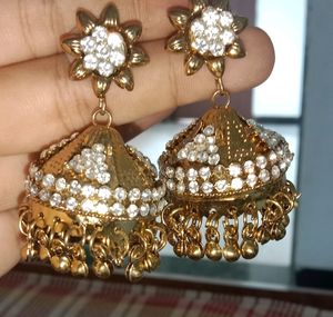 Gold Jhumka Earrings with Rhinestones