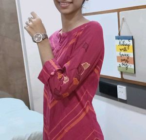 Pink &amp;Orange Striped A-Line Kurta