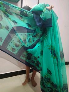 Elegant Teal Floral Print Saree