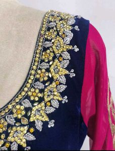 Elegant Embroidered Velvet-Trimmed Gown